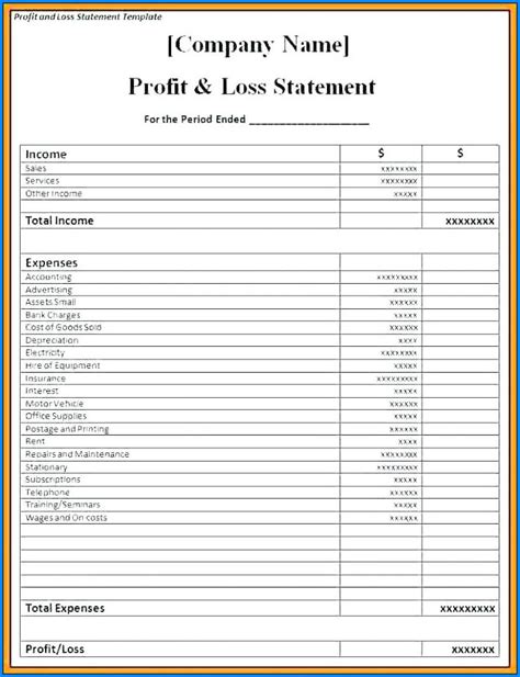 Profit And Loss Statement Template Printable