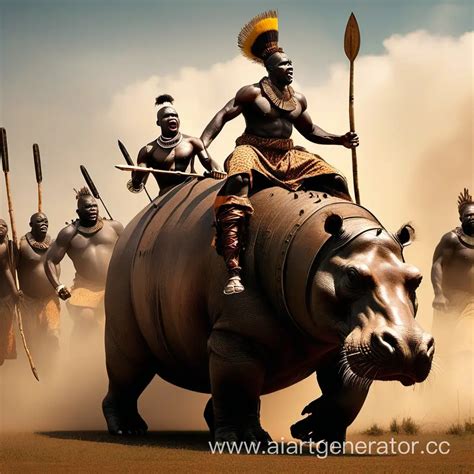 African Warriors Riding Hippos Epic Savanna Battle with Giant War Drums | AI Art Generator