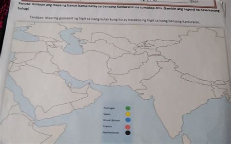 Panuto: Kulayan ang mapa ng bawat bansa batay sa bansang Kanluranin na sumakop dito. Gamitin ang ...
