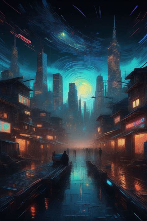 Starry Night reimagined as a cyberpunk masterpiece by 吴哈欢 - Playground