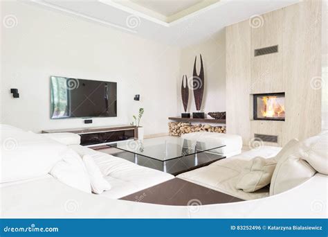 Living Room with Tv and Fireplace Stock Photo - Image of fire, room ...