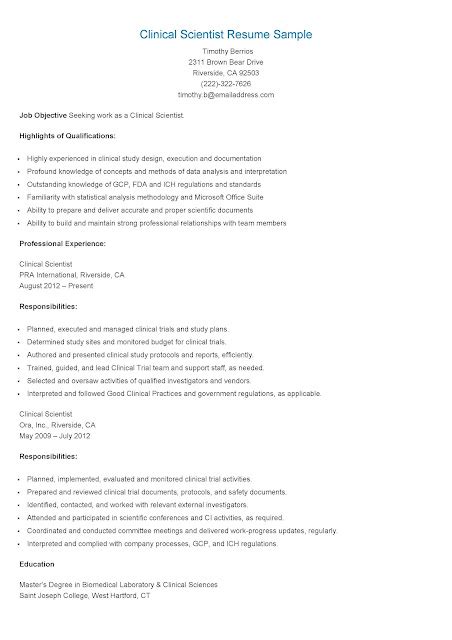 Resume Samples: Clinical Scientist Resume Sample