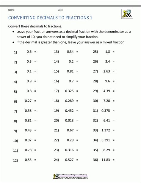 Convert Decimal To Fraction Worksheet Pdf – Decimal Worksheets