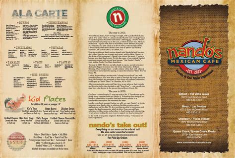 Nando's Mexican Cafe menu in Gilbert, Arizona, USA