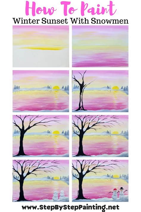 how to paint winter sunset with snowmen and trees in different stages ...