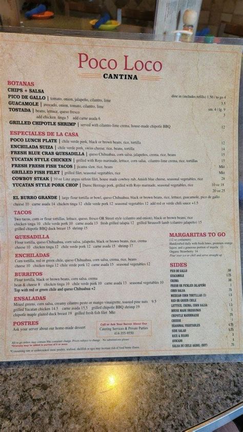 Menu at Poco Loco restaurant, Brown Deer