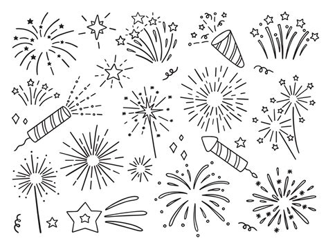 Hand drawn set of fireworks doodle. Fireckrackers in sketch style. Vector illustration isolated ...