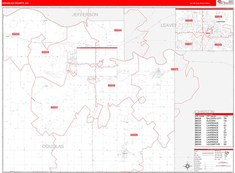 Douglas County, KS Zip Code Wall Map Red Line Style by MarketMAPS - MapSales