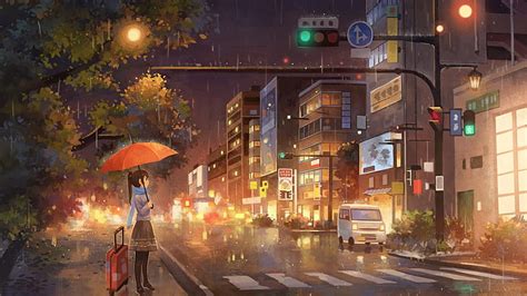 HD wallpaper: anime, anime girls, umbrella, rain, town | Wallpaper Flare