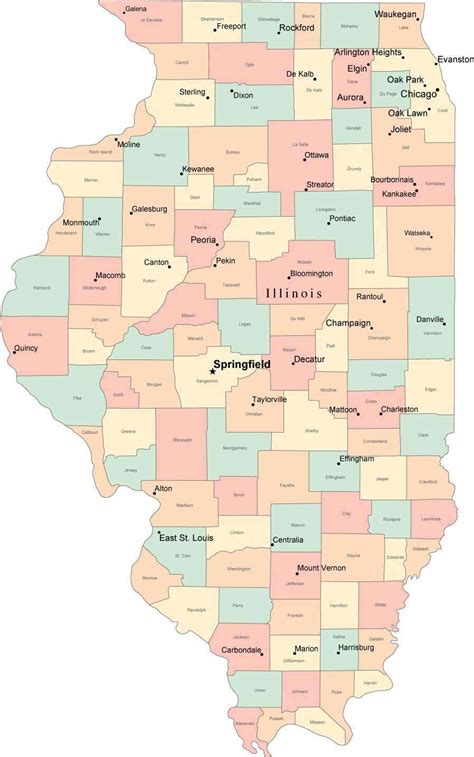 Multi Color Illinois Map with Counties, Capitals, and Major Cities