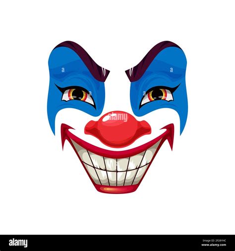 Scary clown face vector icon, Halloween funster character. Emoticon mask with blue makeup, red ...