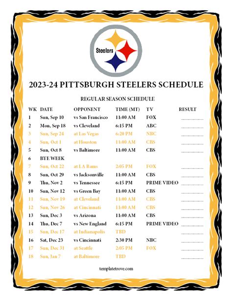 Printable 2023-2024 Pittsburgh Steelers Schedule