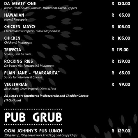 Menu at Stasie Pub, Grub, Club, Tzaneen