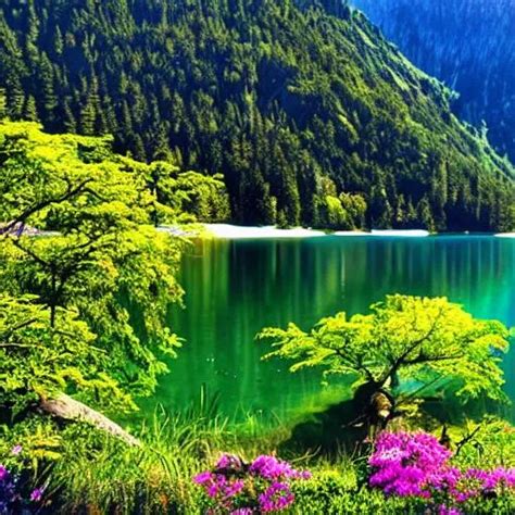 nature scene of a calm crystal blue lake with large... | OpenArt