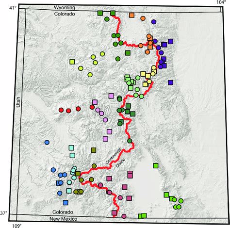 Map showing locations of SNOTEL (circles) and stream sites (squares ...