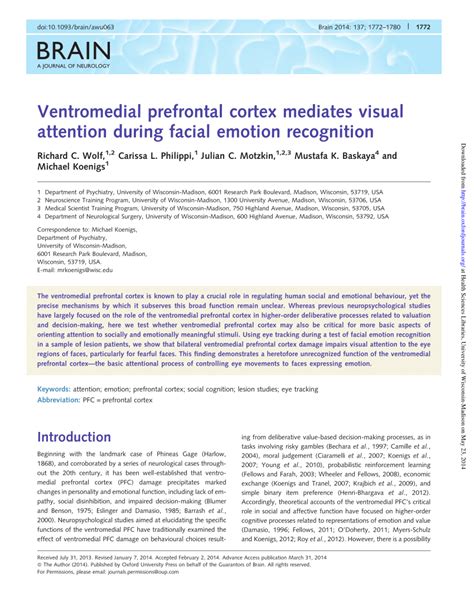 (PDF) Ventromedial prefrontal cortex mediates visual attention during facial emotion recognition