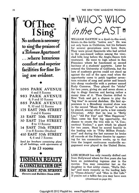 Of Thee I Sing (Broadway, Music Box Theatre, 1931) | Playbill