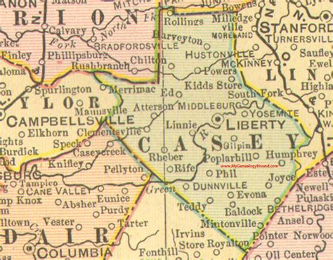 Casey County, Kentucky 1905 Map Liberty, KY, Atterson, Baldock, Bethelridge, Chilton, Evona ...