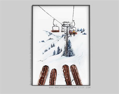 Skis Friends in ChairLift art print watercolor Skier (Nº77) Ski lift ...