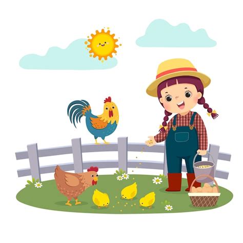 Caricatura, de, niña, granjero, alimentación, ella, pollos | Vector Premium