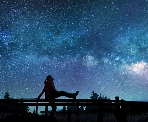 Girl Watching the Stars in Night Sky Stock Photo - Image of watching ...