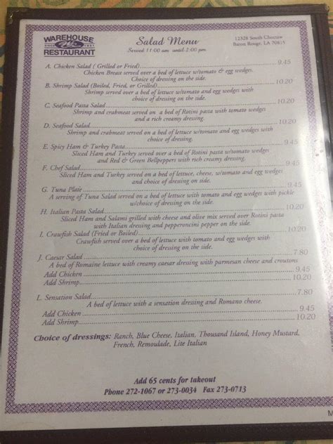 Menu at Warehouse Restaurant, Baton Rouge