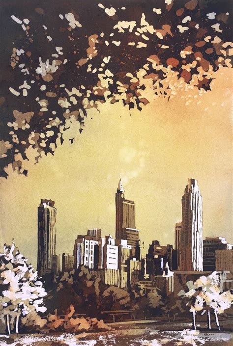 Watercolor painting of downtown Raleigh, NC skyline at dawn- Raleigh ...