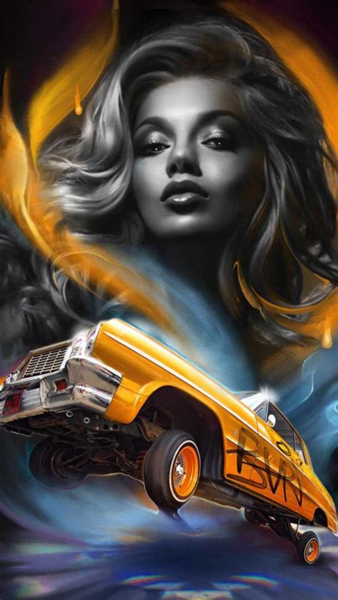 a painting of a woman with long hair and an orange car in front of her