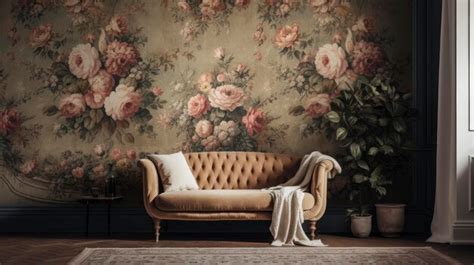 Premium Photo | A living room with a floral wallpaper