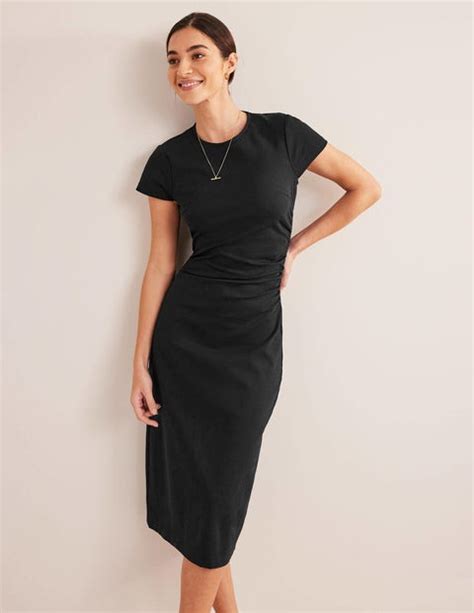 Side Ruched Jersey Midi Dress - Black | Boden US