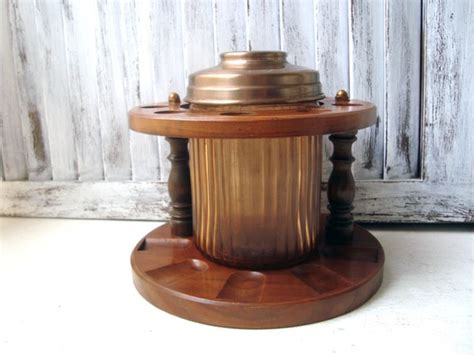 Vintage Pipe Holder Stand and Tobacco Storage Jar Wooden