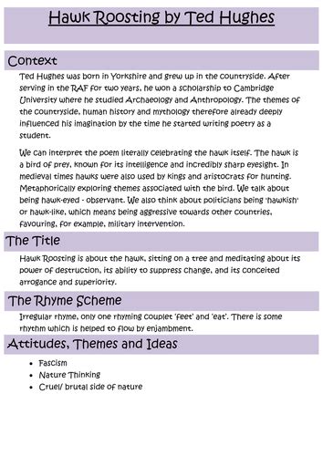 Hawk Roosting Revision Notes by lydiafirth - Teaching Resources - Tes