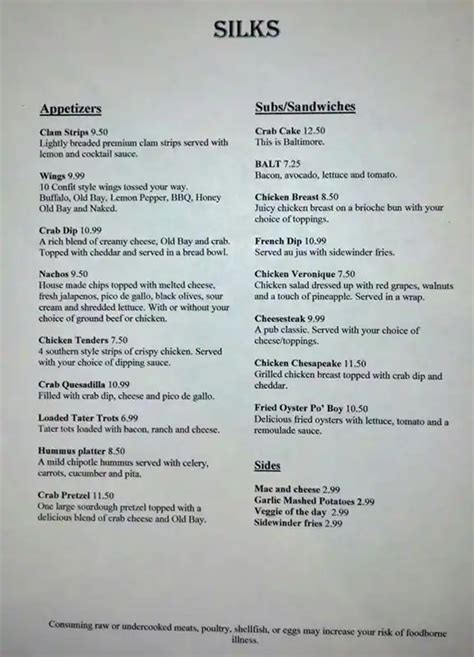 Silks Menu, Menu for Silks, Canton-Highlandtown, Baltimore - Urbanspoon/Zomato