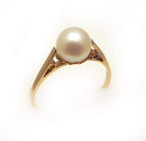 Pearl Ring Vintage Cultured Pearl Engagement Ring Pearl Solitaire 9mm 9ct Yellow Gold Vintage ...