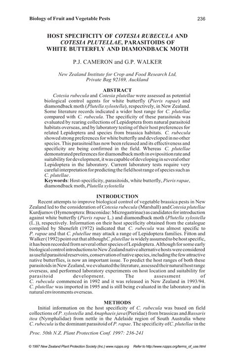 Host Specificity of Cotesia Rubecula and Cotesia Plutellae, Parasitoids of White Butterfly and ...