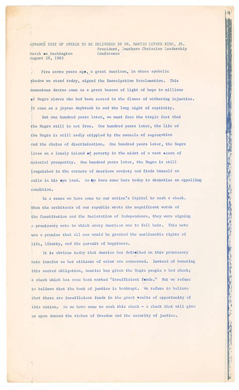 Martin Luther King’s Famous “I Have a Dream” Speech—Advance Text Given to the Press at the 1963 ...