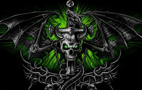 Wallpaper green, background, dragon, skull, wings, sword, horns, sword ...