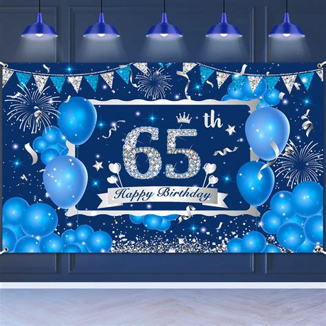 Buy Blue 65th Birthday Decorations Banner for Men Women, Navy Blue Silver Happy 65th Birthday ...