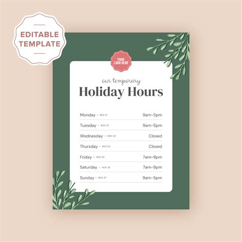 Holiday Hours Store Sign Canva Template