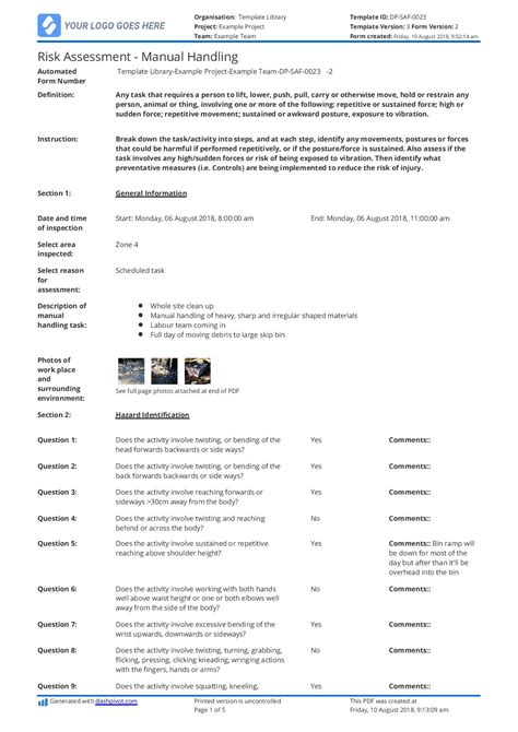 Manual Handling Risk Assessment template: Use this template for free