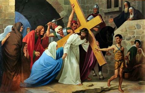 Fourth station: Jesus meets his blessed Mother | Pinturas de cruz, Terço da misericórdia, Cruz ...