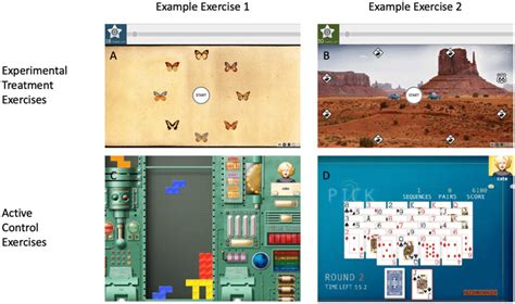 Screenshots of example cognitive training exercises. Top row ...