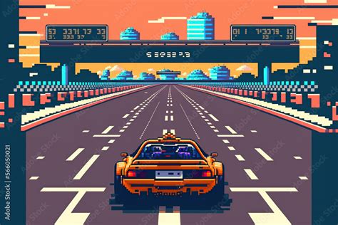 A car race on an racetrack, Retro computer games level. Pixel art video ...