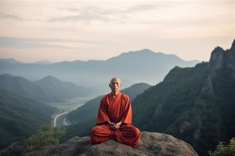 Premium AI Image | Yoga exercises a buddhist monk is meditating in the mountains