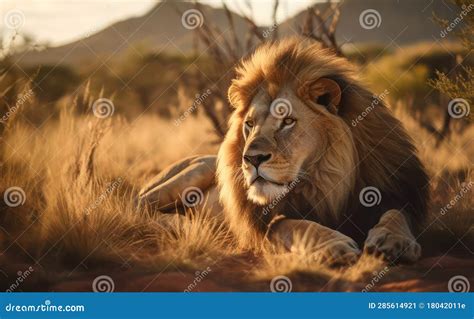 Majestic Lion Resting in Savanna, Sunset Light, Candid Shot, Vertical ...