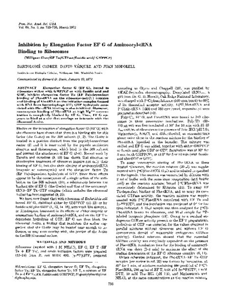 (PDF) Inhibition by Elongation Factor EF G of Aminoacyl-tRNA Binding to Ribosomes | David ...