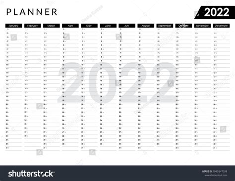 2022 Yearly Planner Horizontal Wall Calendar Stock Vector (Royalty Free ...