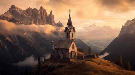 Premium AI Image | A church on a mountain with a mountain in the background