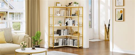 Yitahome | 5 Tier L Shaped Corner Bookcase Gold Open Storage Bookshelf