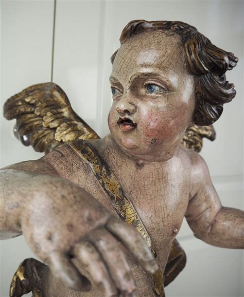 Proantic: Large Sculpture Of Cherub In Carved, Polychrome Painted And